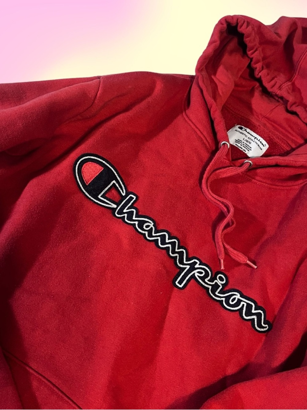 Champion Red Script Logo Pullover Hoodie